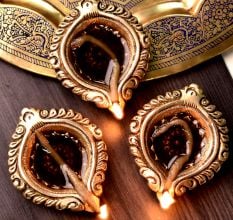 Designer Round Brass Oil Lamp Festive Diyas Pack of 3